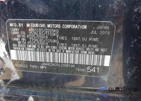 2020 Mitsubishi Outlander Sel 2.4 из США, поврежденный, VIN JA4AD3A35LZ006194